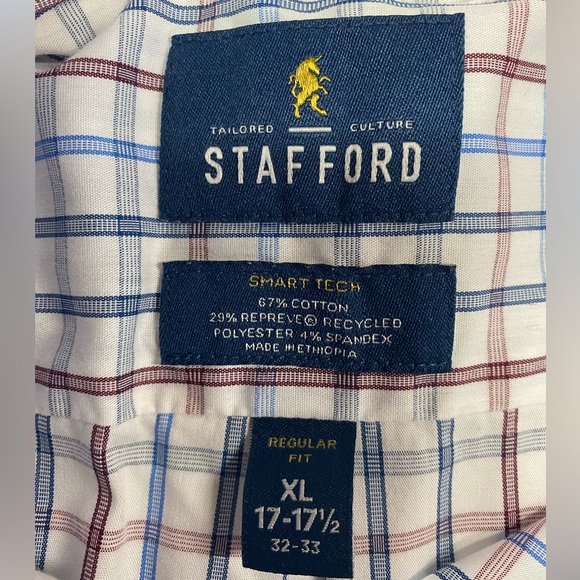 Stafford Blue and Red Plaid Long Sleeve Button Up Shirt Men’s 17-17 1/2-32/33 - Picture 3 of 3